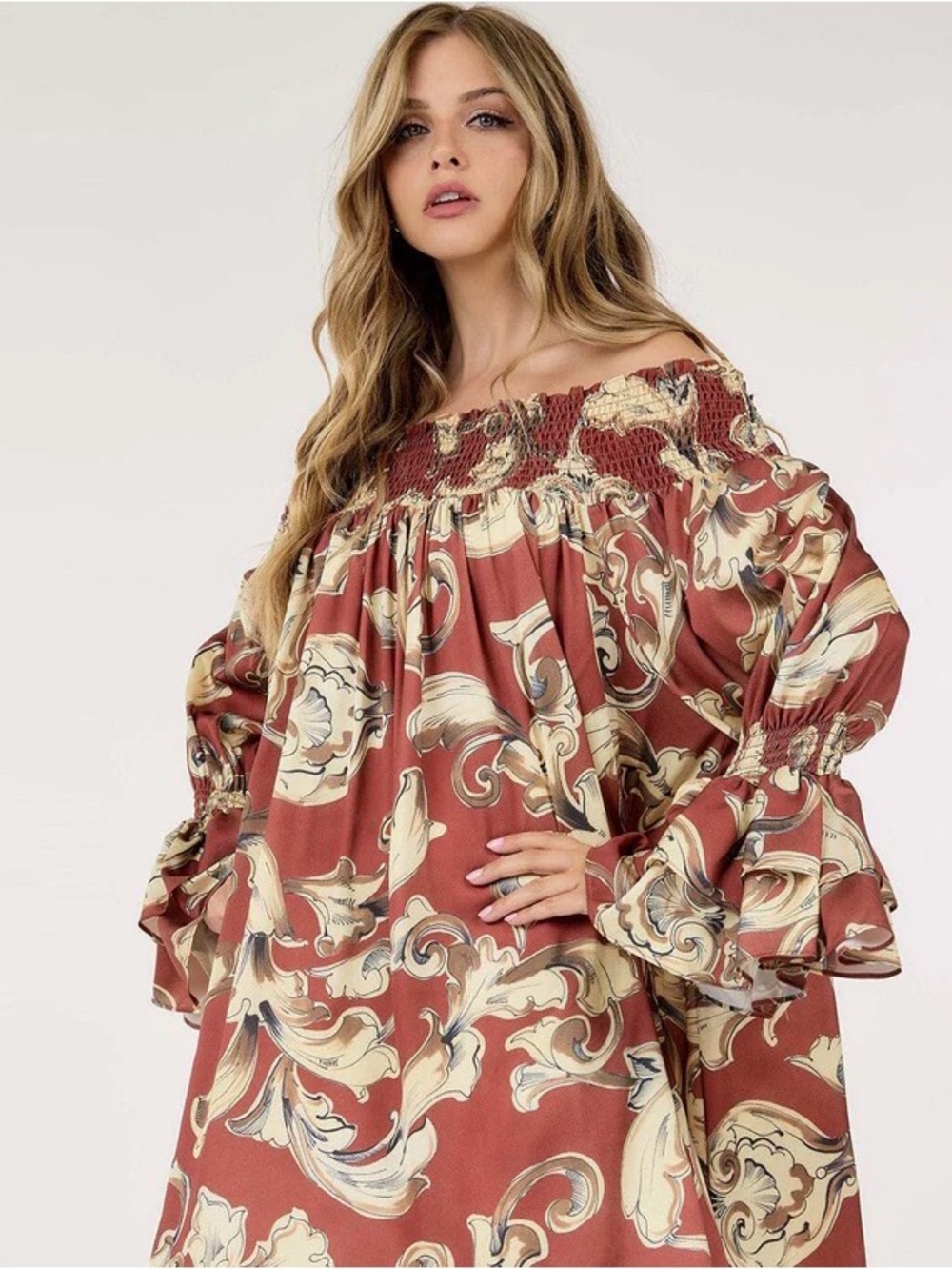 0247.  Off-Shoulder Boho Paisley Mini Dress in Rust - Picture 4 of 4